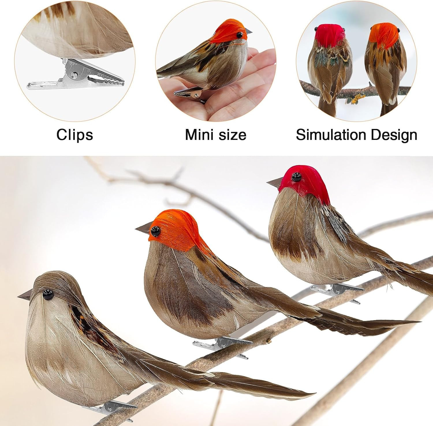 6PCS Artificial Birds Crafts Clip on Bird Ornaments Artificial Simulation Bird S