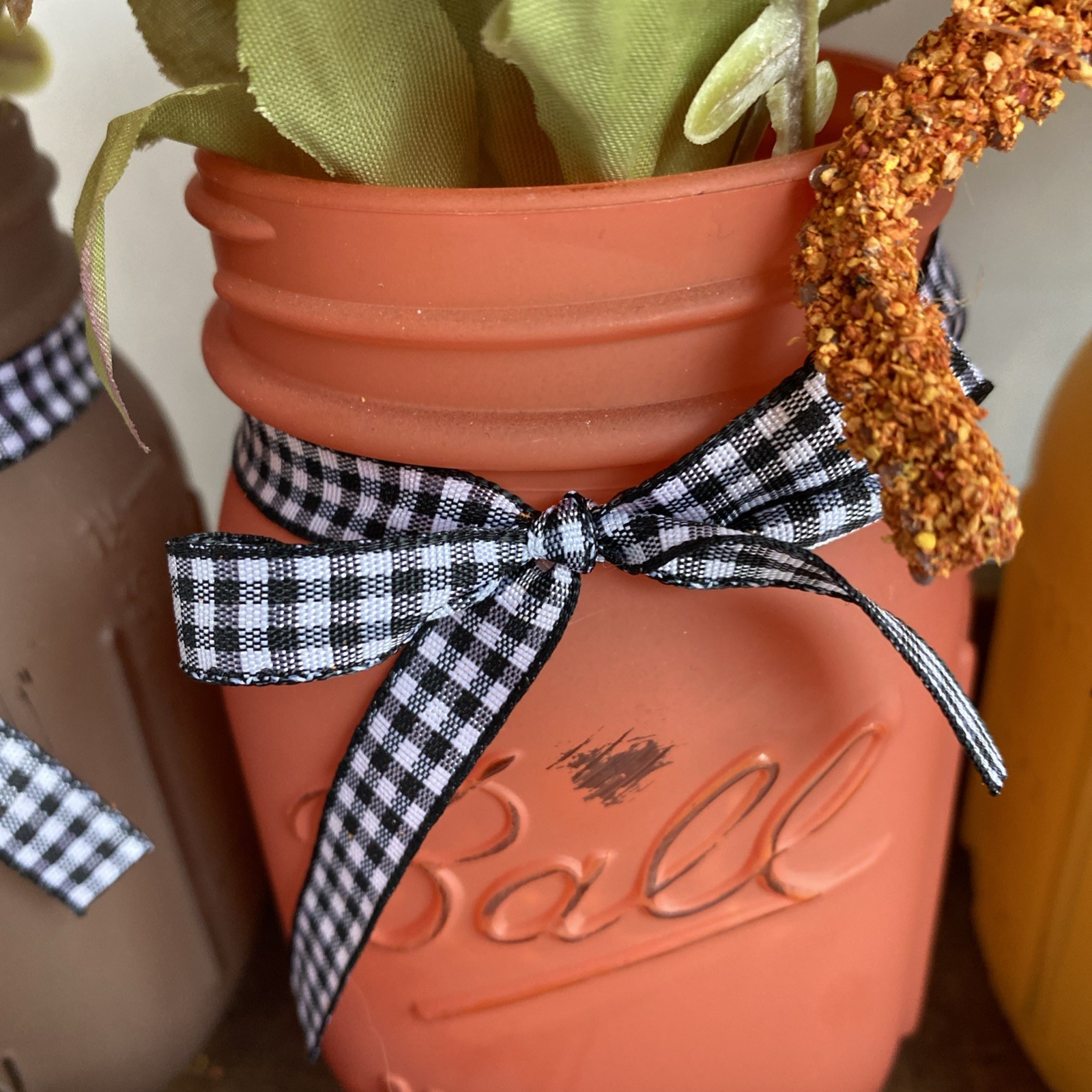 Painted Mason Jars Floral Decor In Tray Light Weight Fall Colors Checked Bows