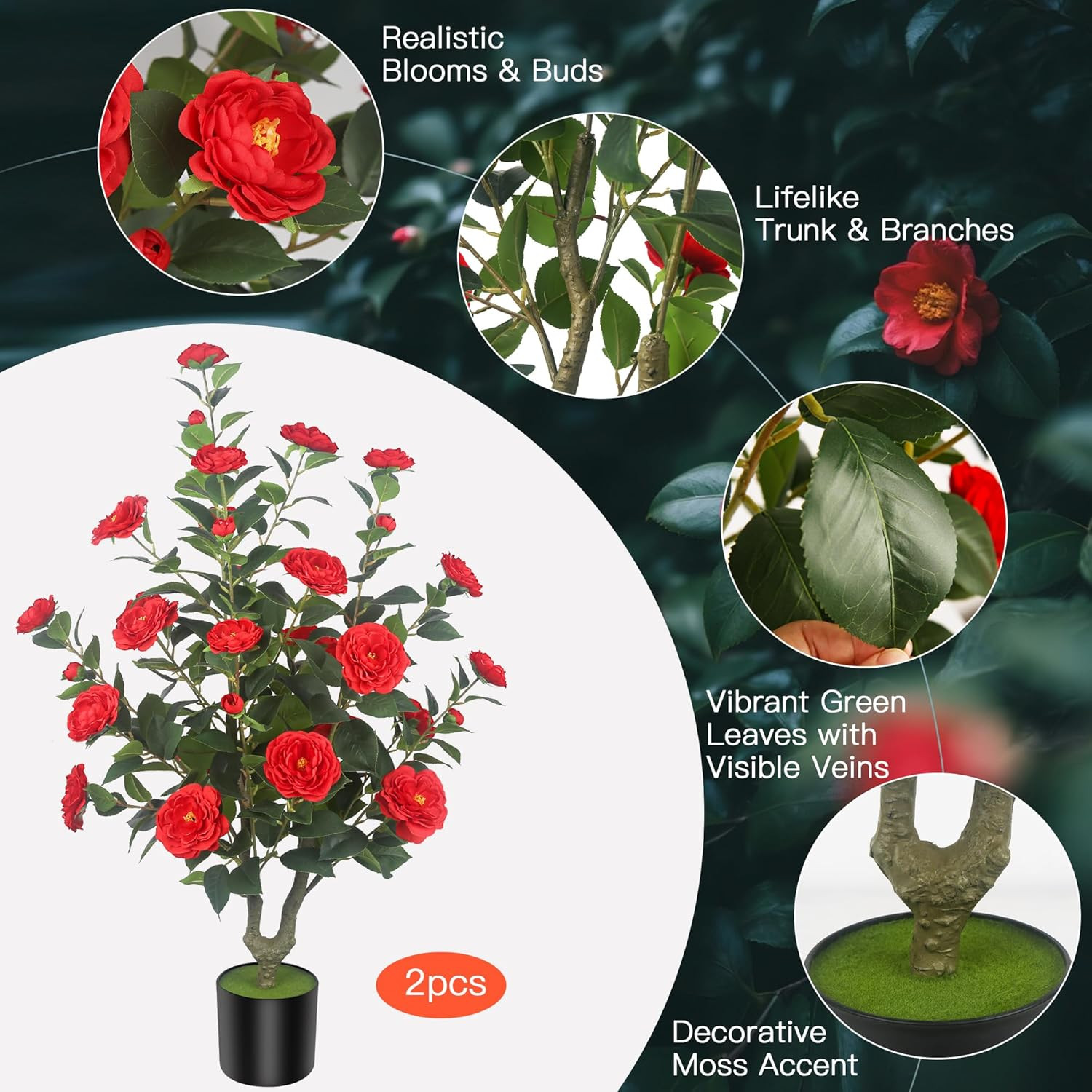 2Pack 39.37″ Red Artificial Camellia Trees in Cement Pots – Lifelike Decor