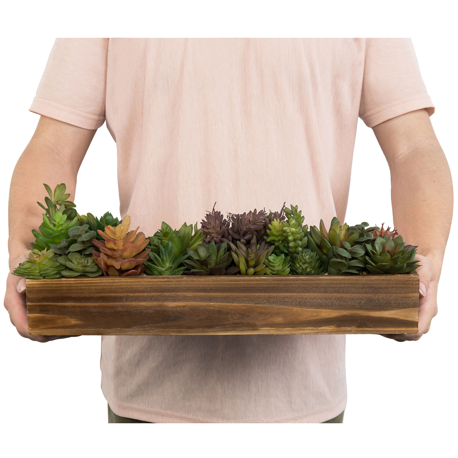 MyGift Faux Assorted Succulent Plant Arrangement in Rustic Brown Wood Planter