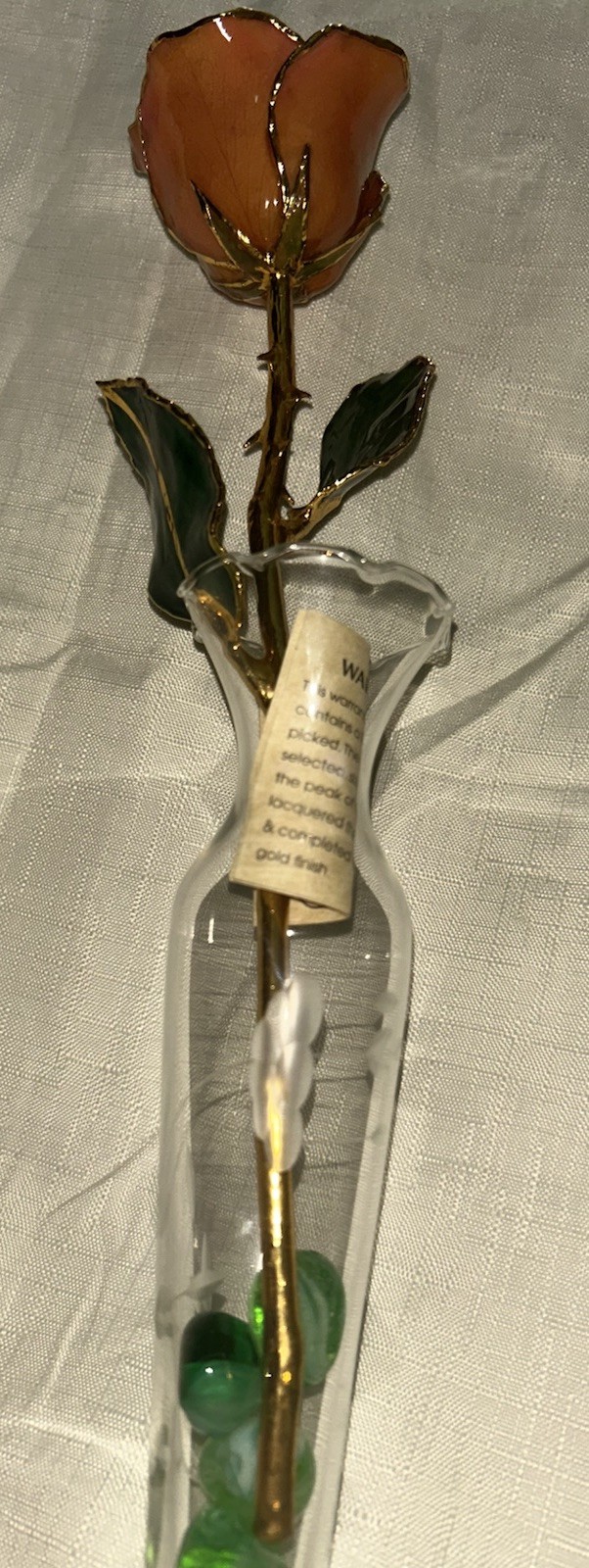 24K Gold Trimmed Real Peach Forever Rose Crystal Vase Green Glass Keepsake