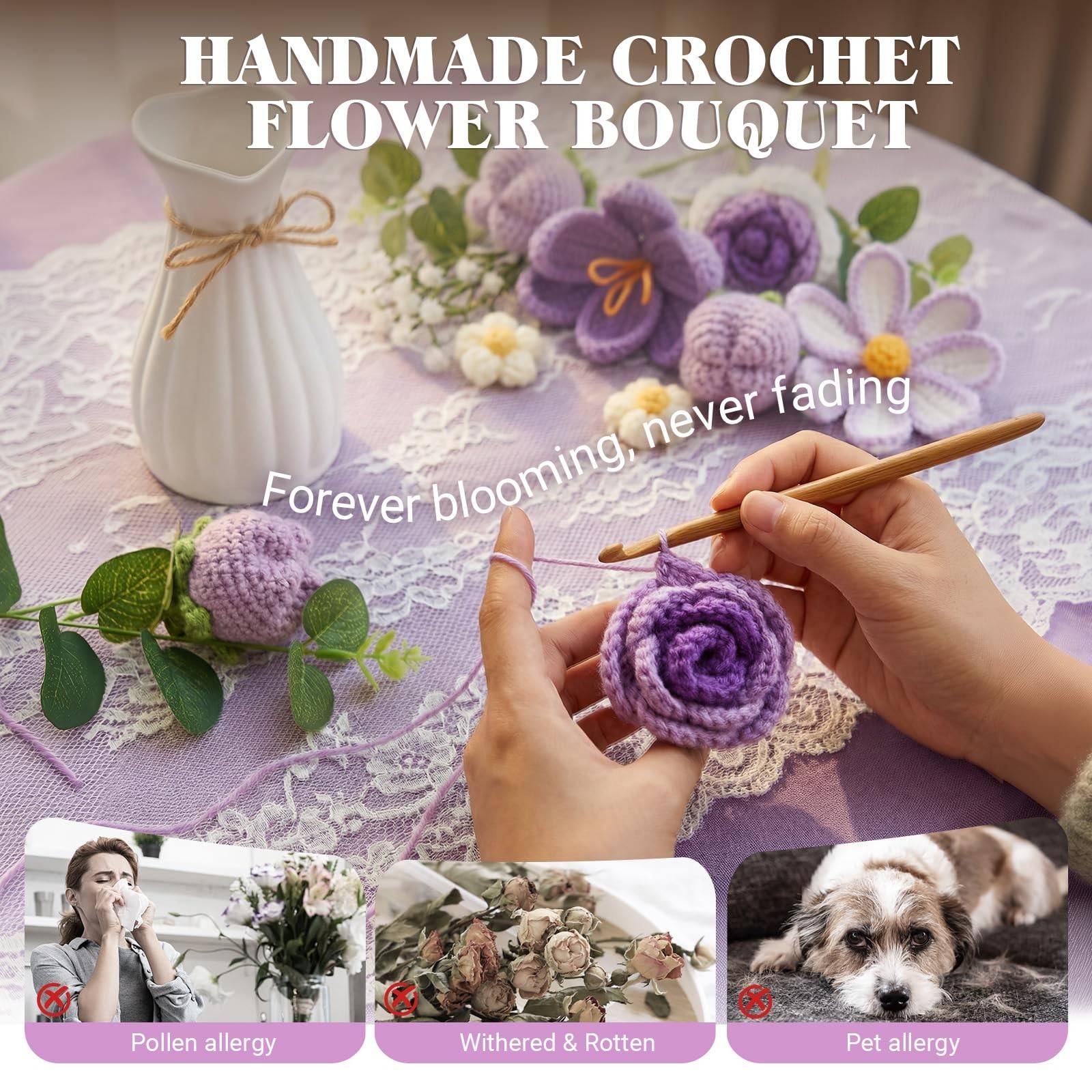 Handmade Crochet Flower Bouquet with Lights – Purple Tulips, Lilies, Roses & Dai