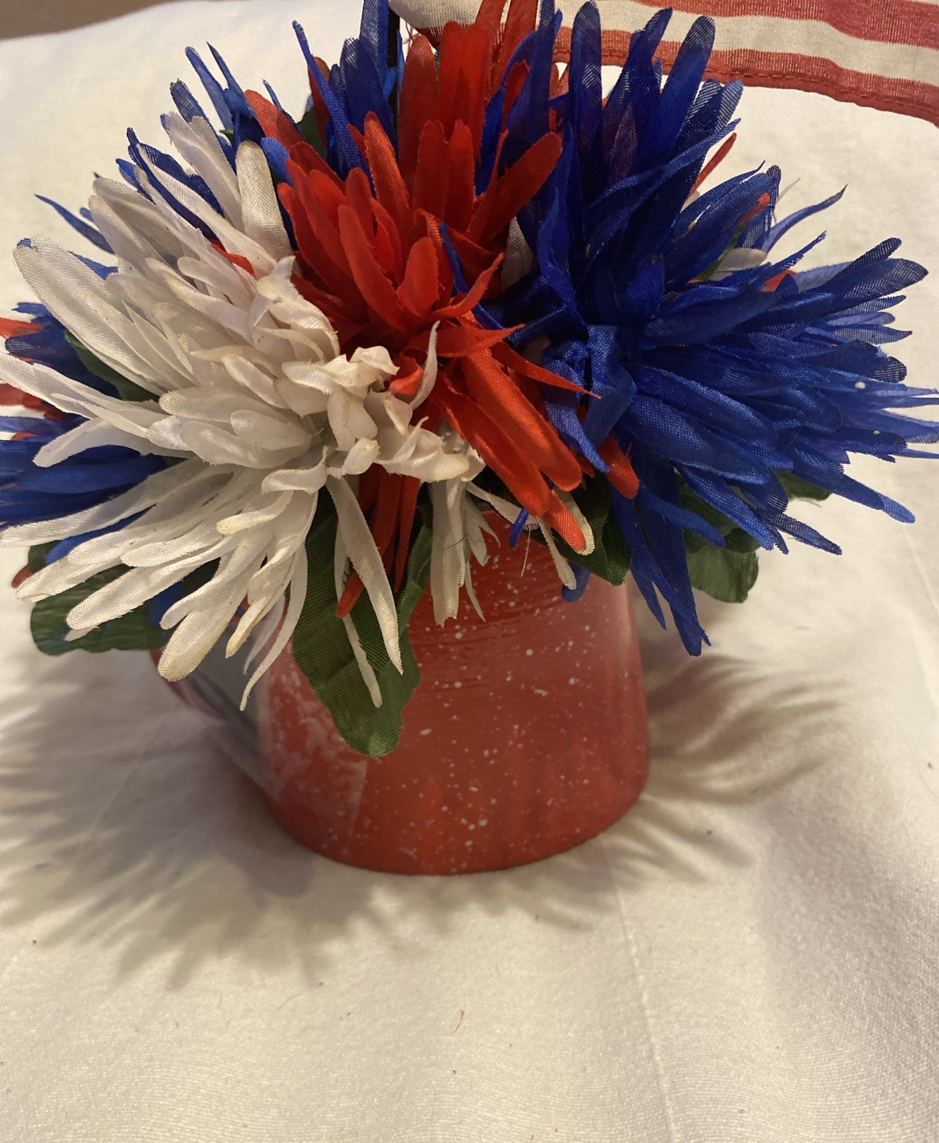Patriotic Flowers Bouquet -America Red White & Blue & Flag In Enamel Pot