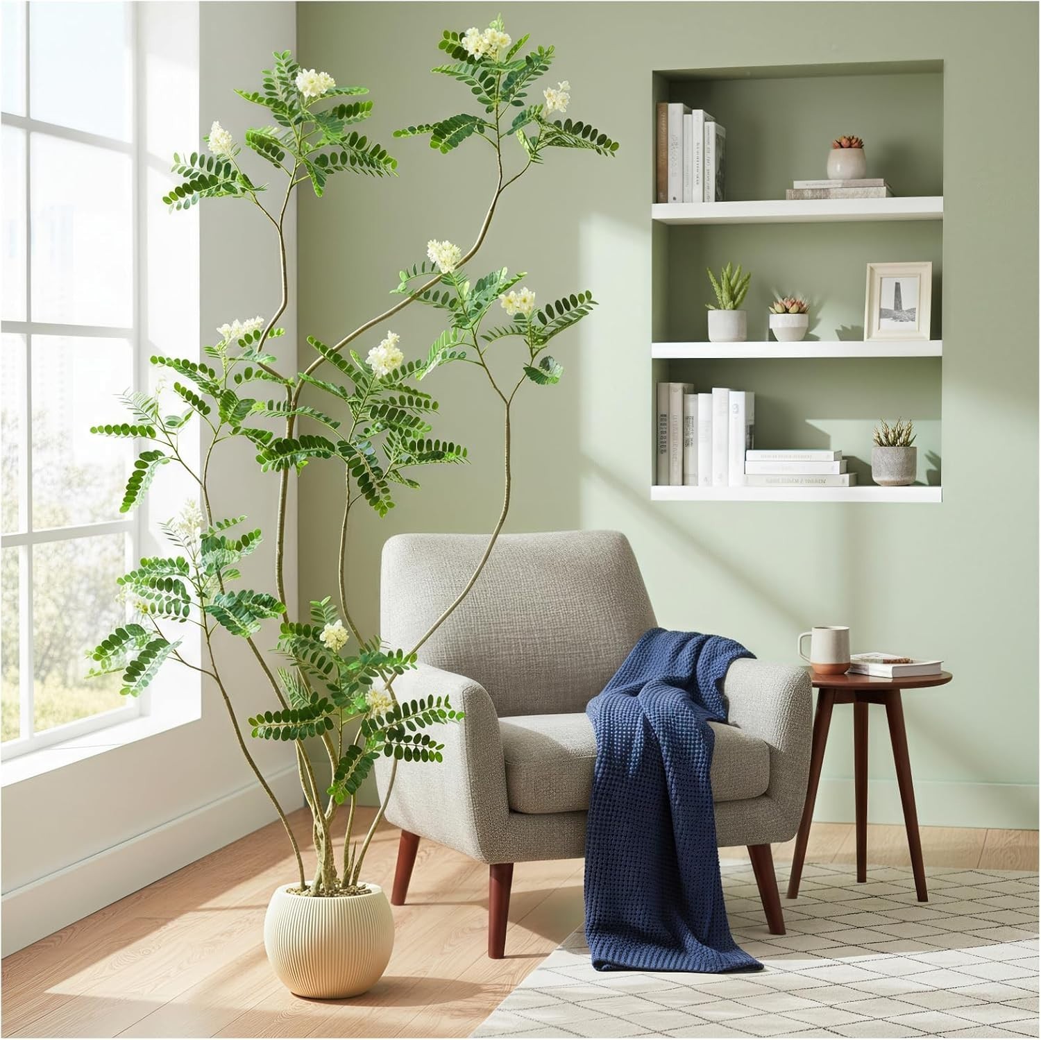 Artificial Black Locust Tree 6FT Faux Floor Plant White Flower Beige Ribbed Plan
