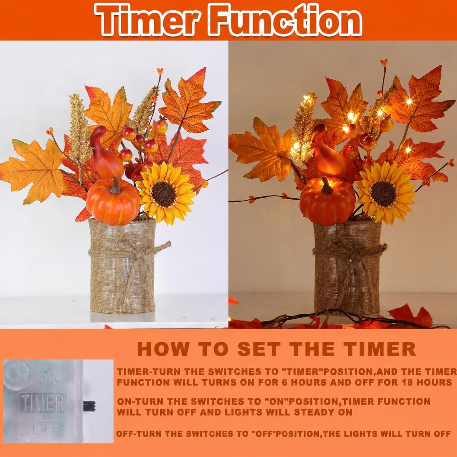 2Style & Light Timer 2 Pack 13 Inch Fall Decor Table Centerpiece Lights