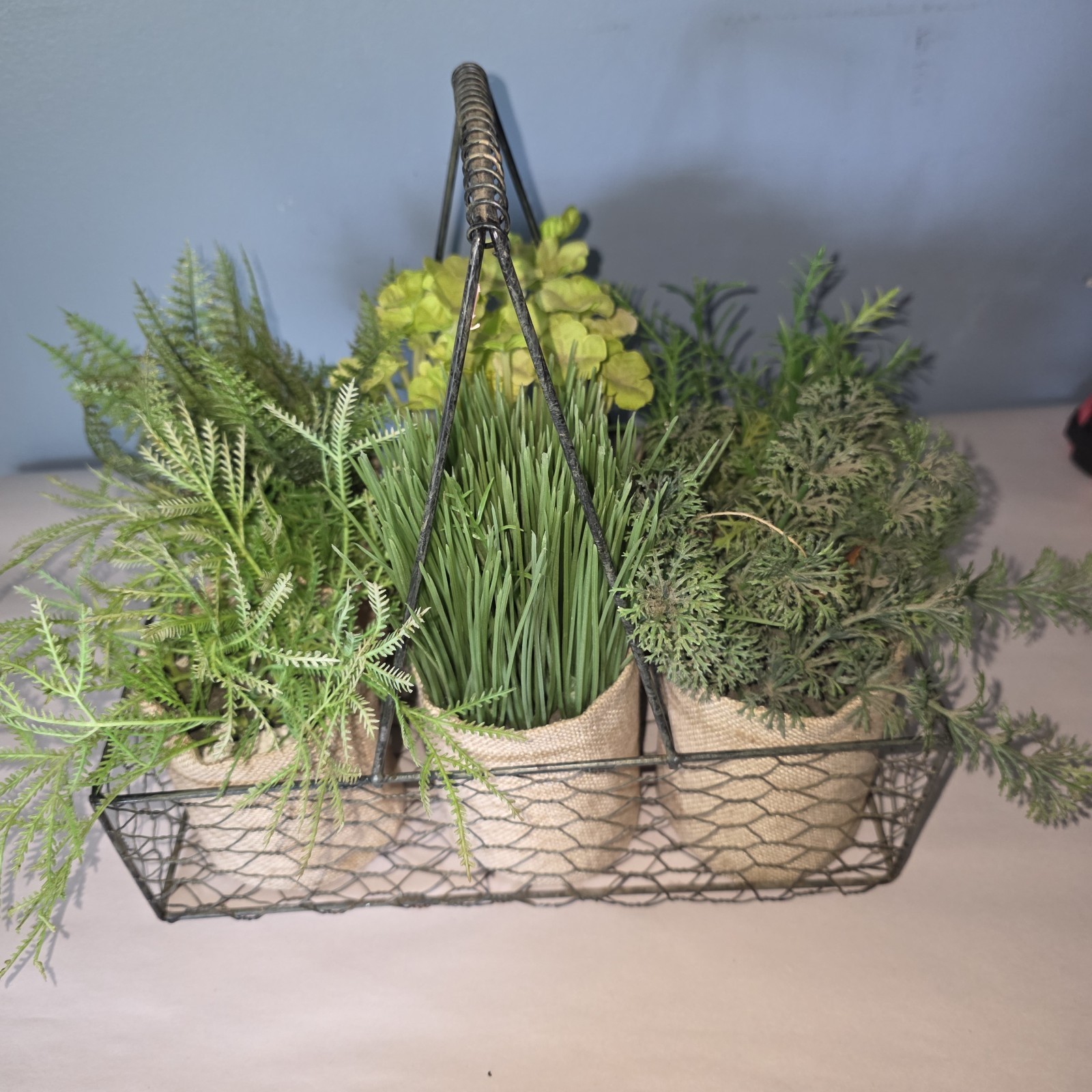 6 Artificial Plants In Burlap Containers In Metal Chicken Wire Carrier w Handle
