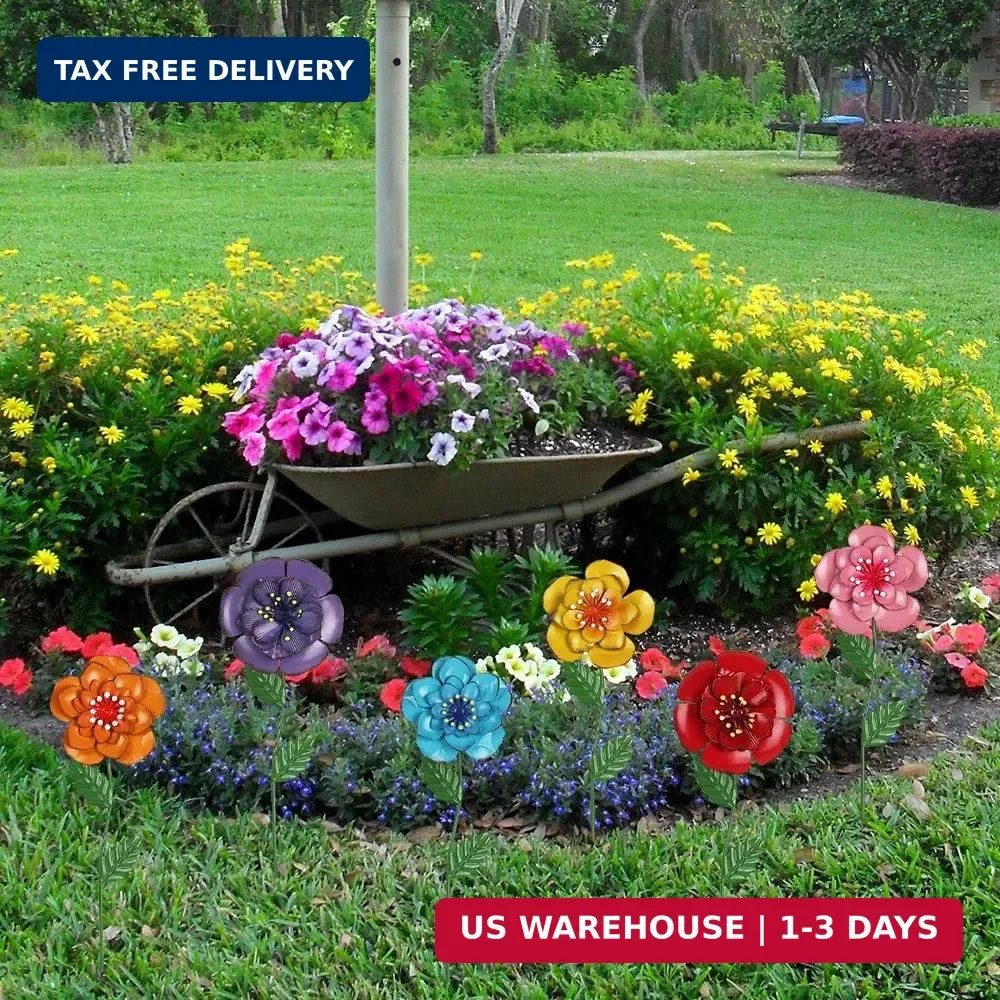 hogardeck 6 Metal Flower Garden Stakes Multi-Color for Spring Yard Art Outdoor