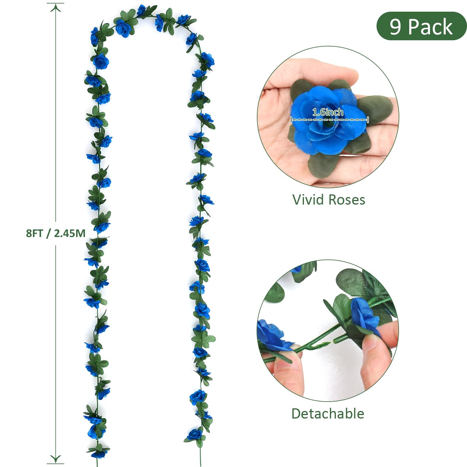 9 Pack 72 FT Artificial Flower Garland, Fake Blue Roses Vines Silk Flowers Fa…