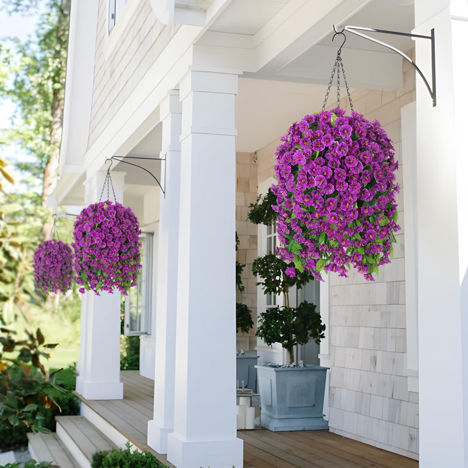 Ammyoo Artificial Faux Hanging Flowers Basket for Spring Summer Outdoor Porch De