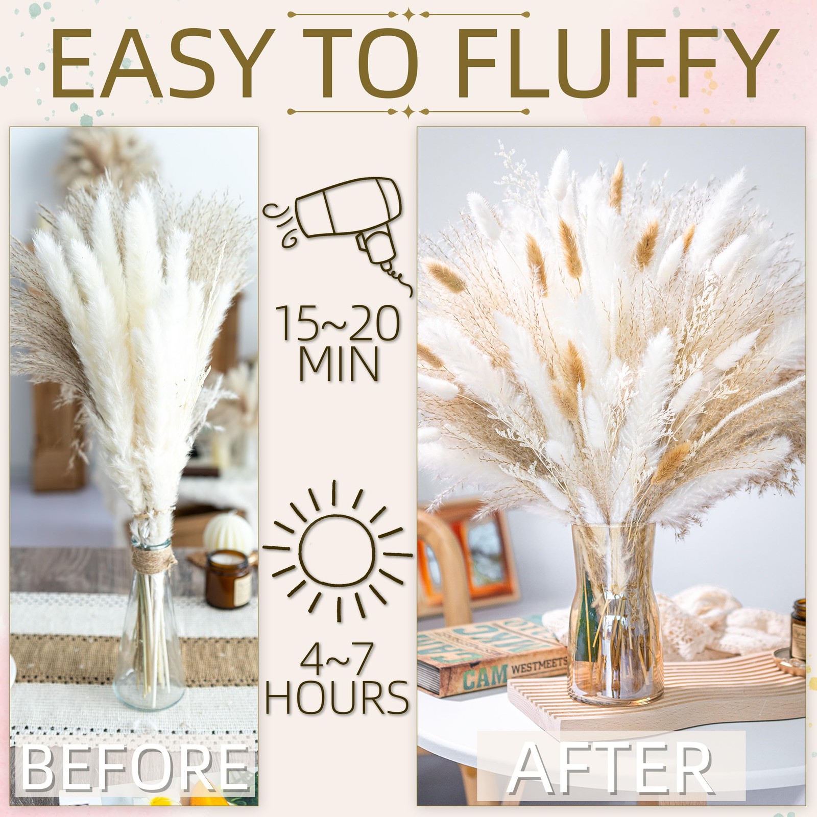 95 PCS Natural Pampas Grass Decor Bouquet | Boho Dried Floral Arrangement Cen…