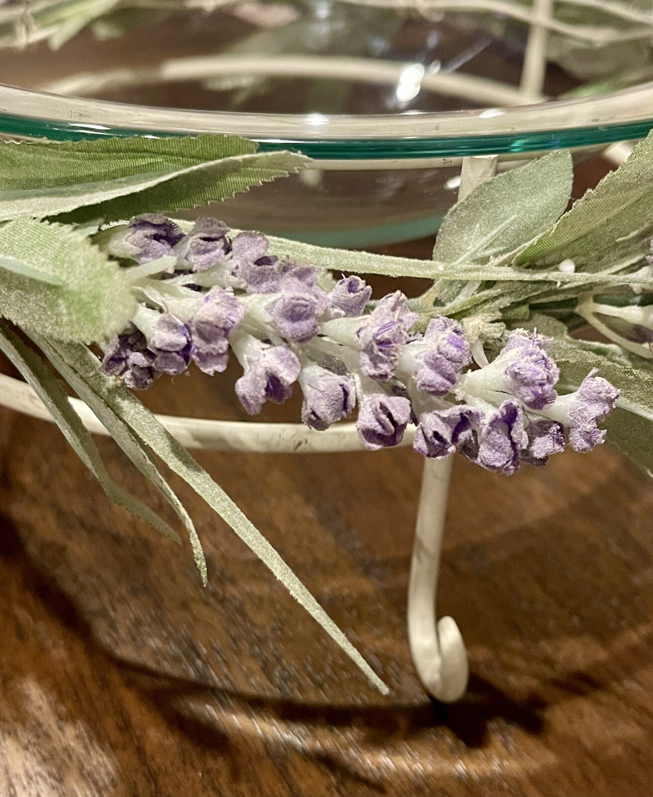 Hallmark Glass Bowl Metal Stand Potpourri Decor w/Lavender Flower Centerpiece 9″