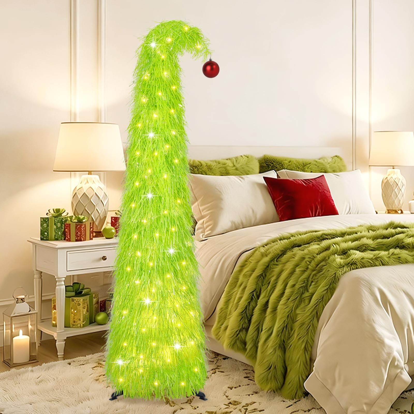 6FT Artificial Shaggy Pop Up Christmas Tree with 100 LEDs, Lime Green Curve