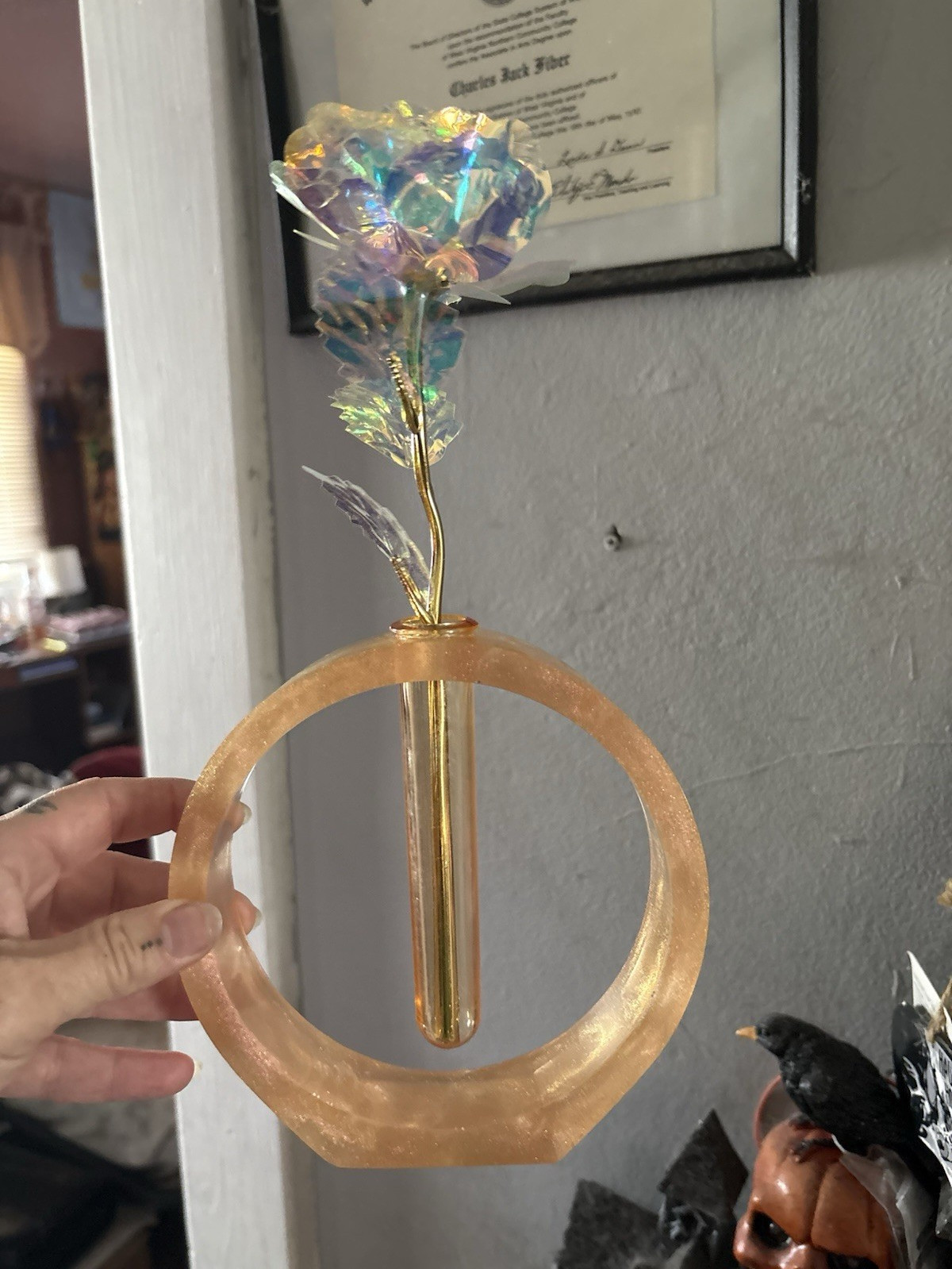 Iridescent Gold Artificial Rose Flower Stem Wall Decor, resin /Metal