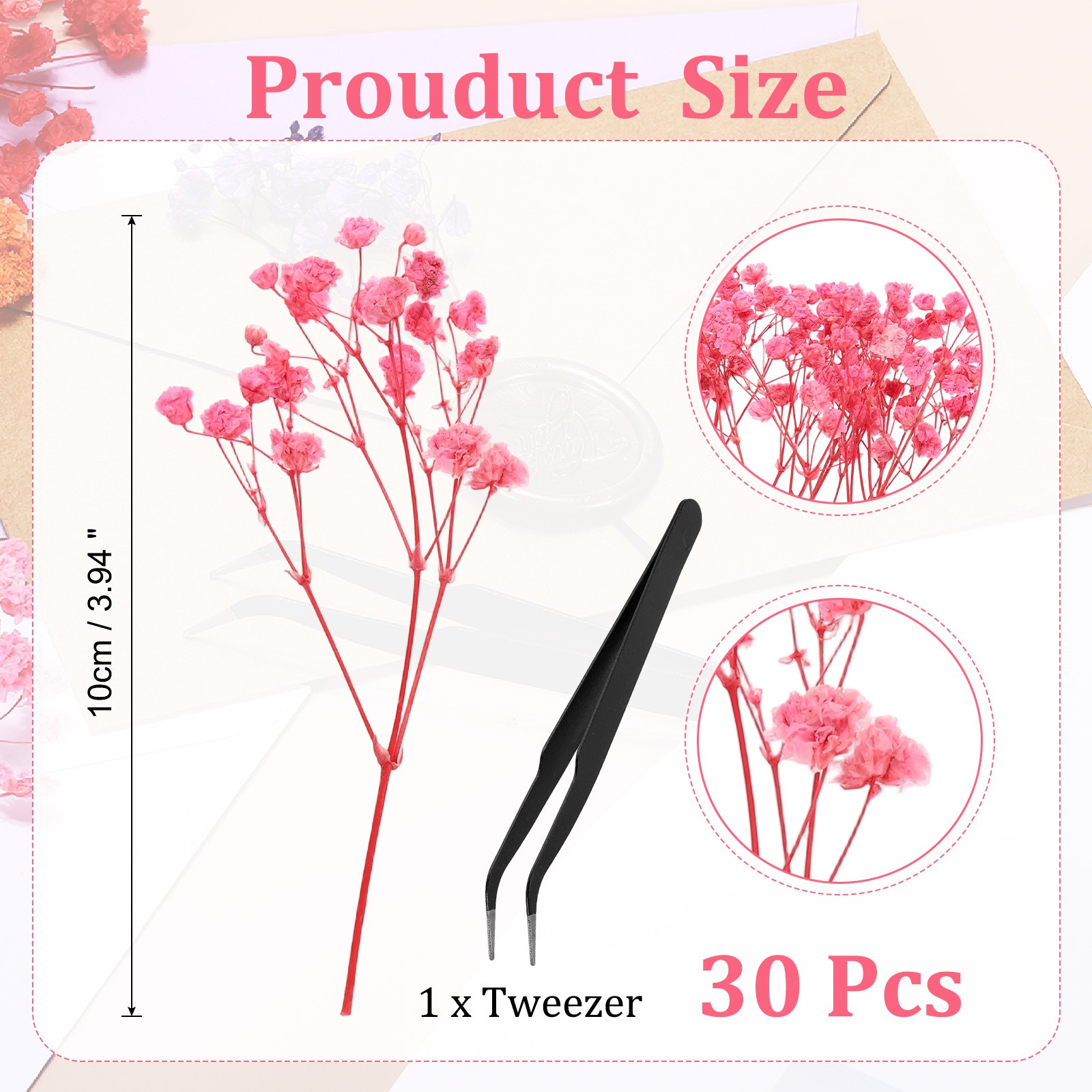 30Pcs, Dried Gypsophila Flower 4″ Light Pink Pressed Flowers with Tweezer