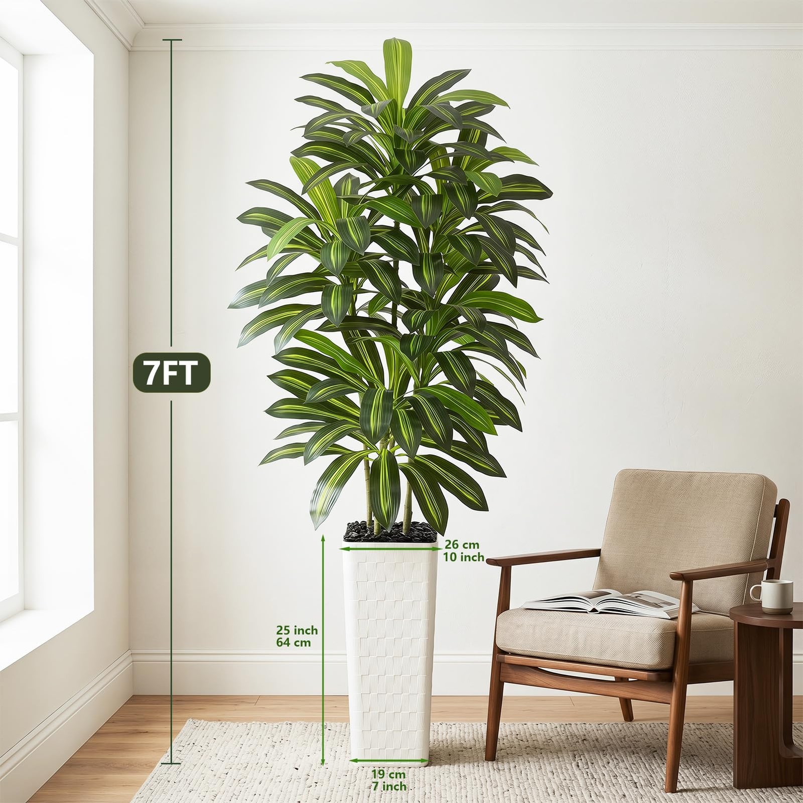 Artificial Dracaena Tree Indoor, 7FT Tall Fake Floor Plants with White Plante…