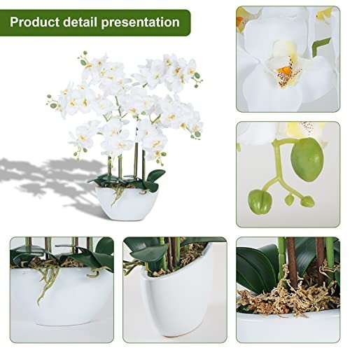 Realistic White Faux Orchid Flowers in Ceramic Pot – Table Centerpiece Decor