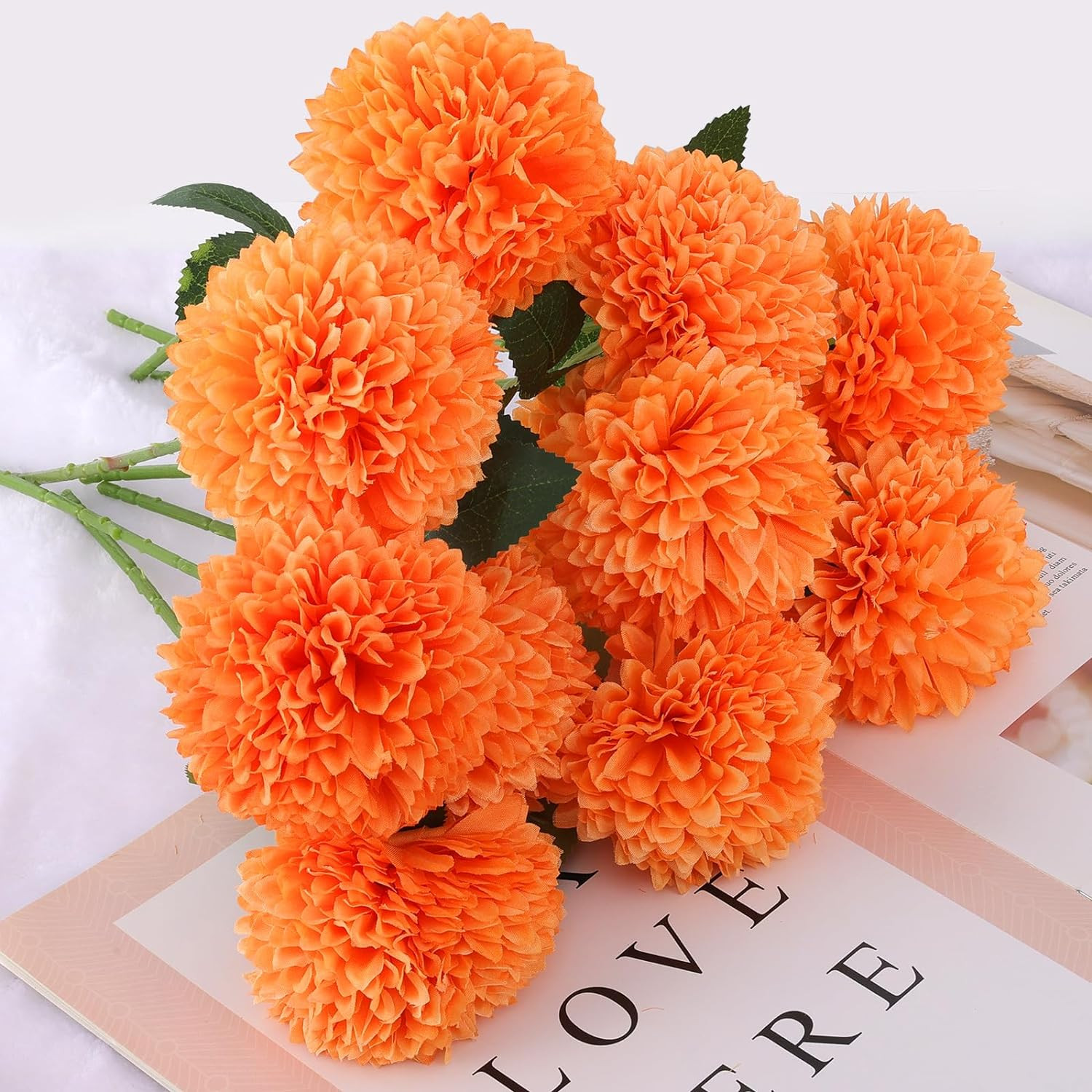 12 Pcs Orange Artificial Chrysanthemums Silk Flowers for Fall Home Decor