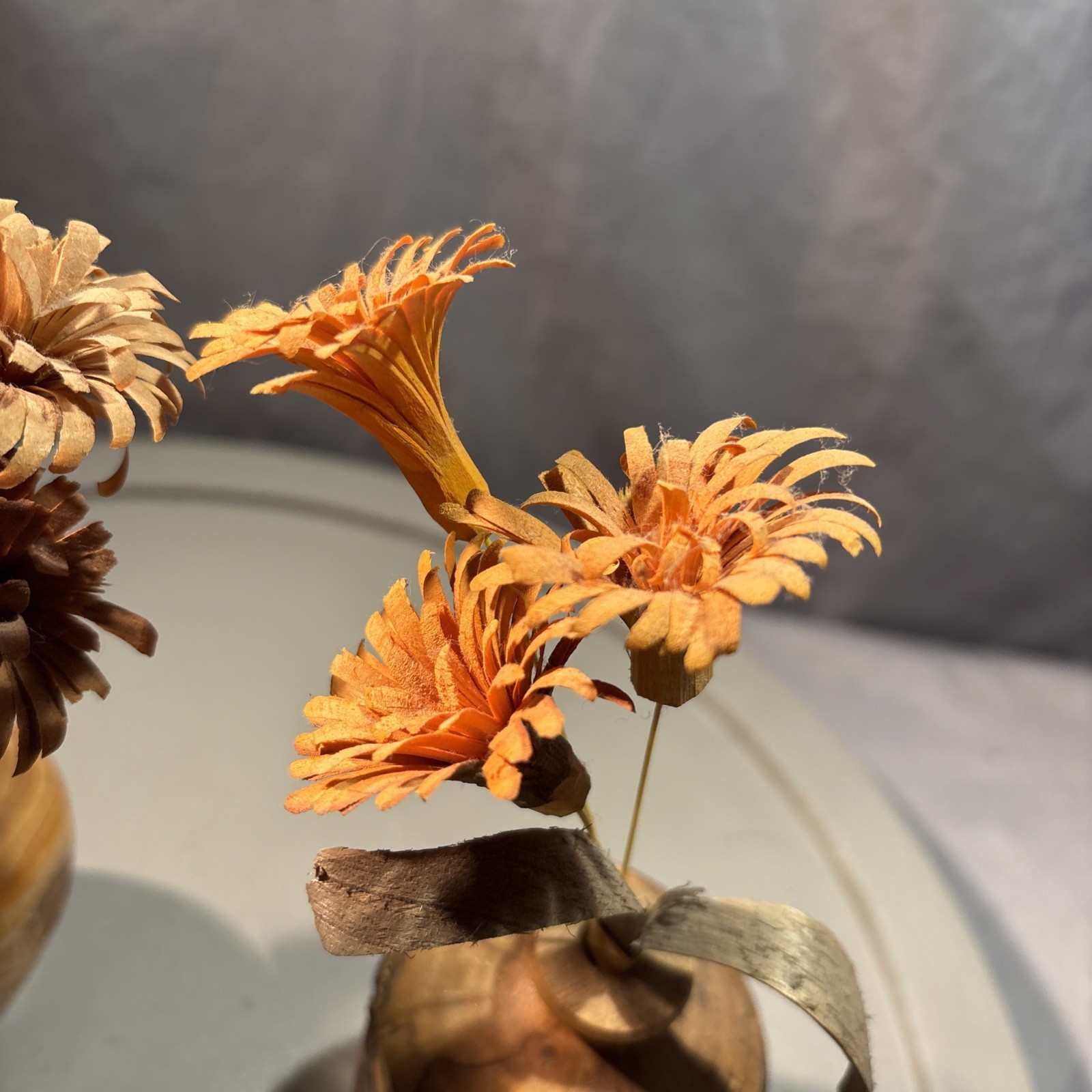 Set Of 2 ~ Wood Shaving Artificial Flowers in wood vase 6″ H Brown Orange Beige