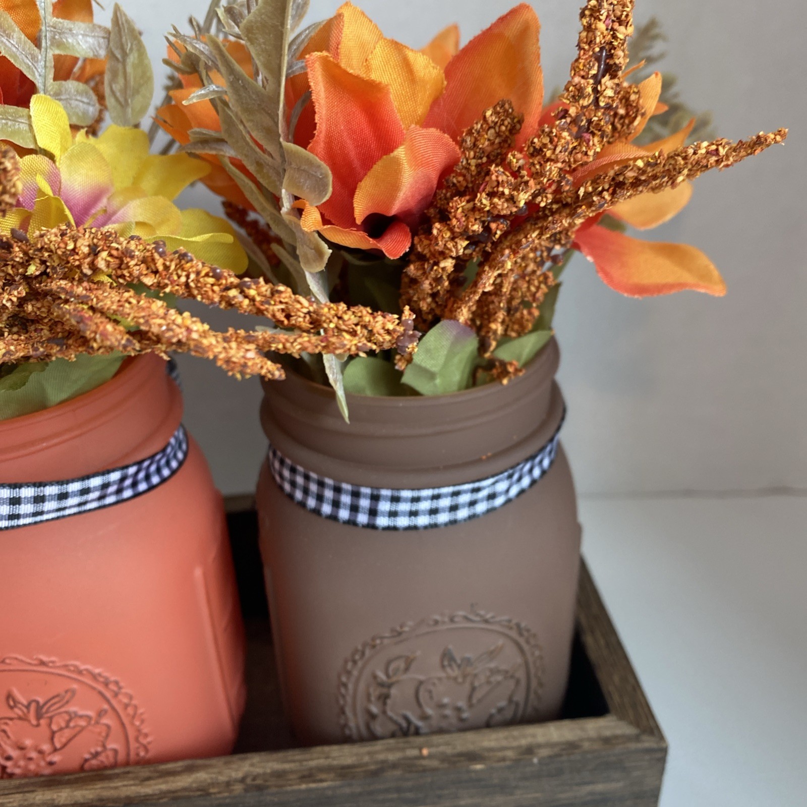 Painted Mason Jars Floral Decor In Tray Light Weight Fall Colors Checked Bows