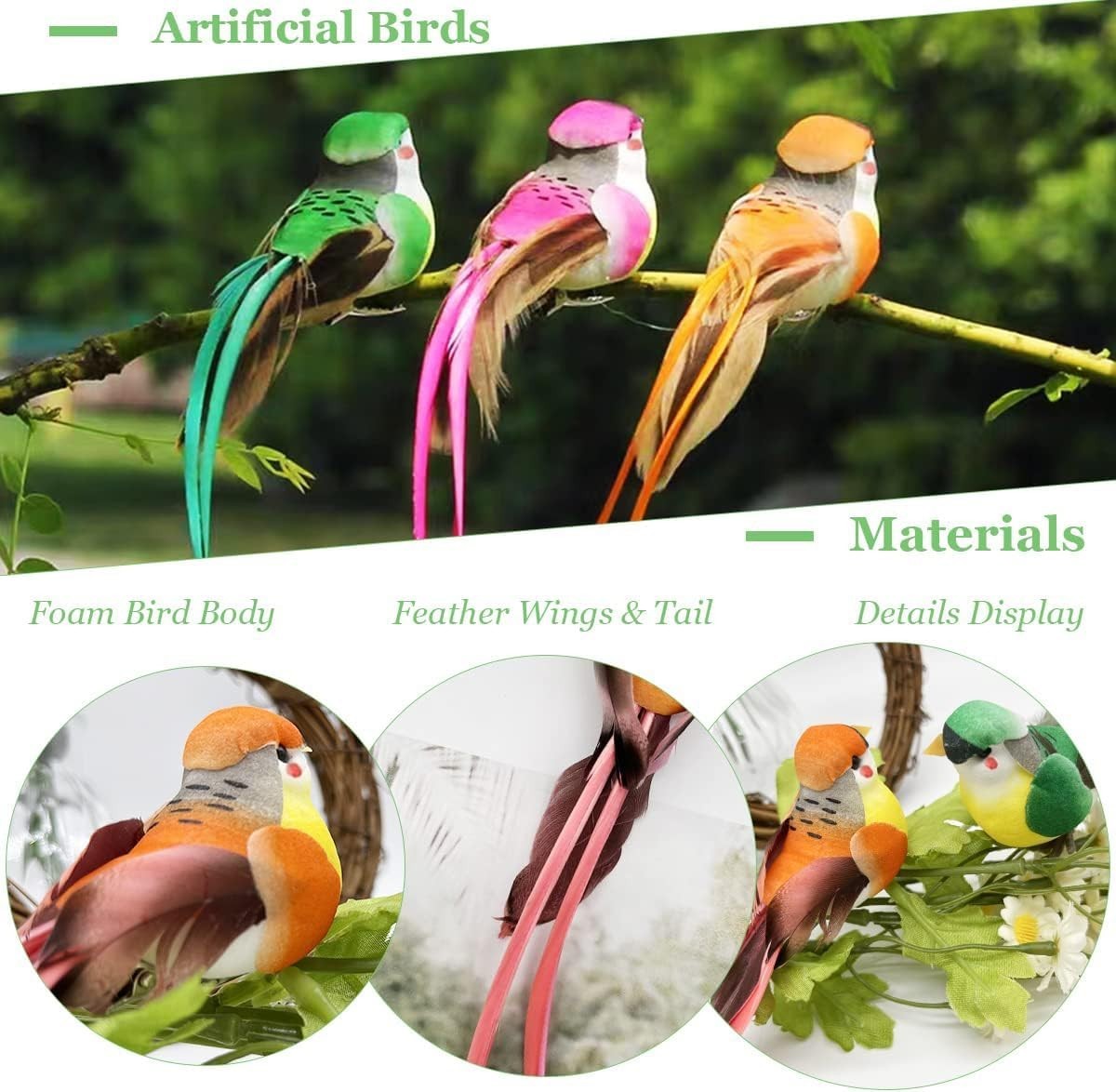 12pcs Assorted Artificial Birds Clip on Ornaments 6-inch Simulated Foam Feath…