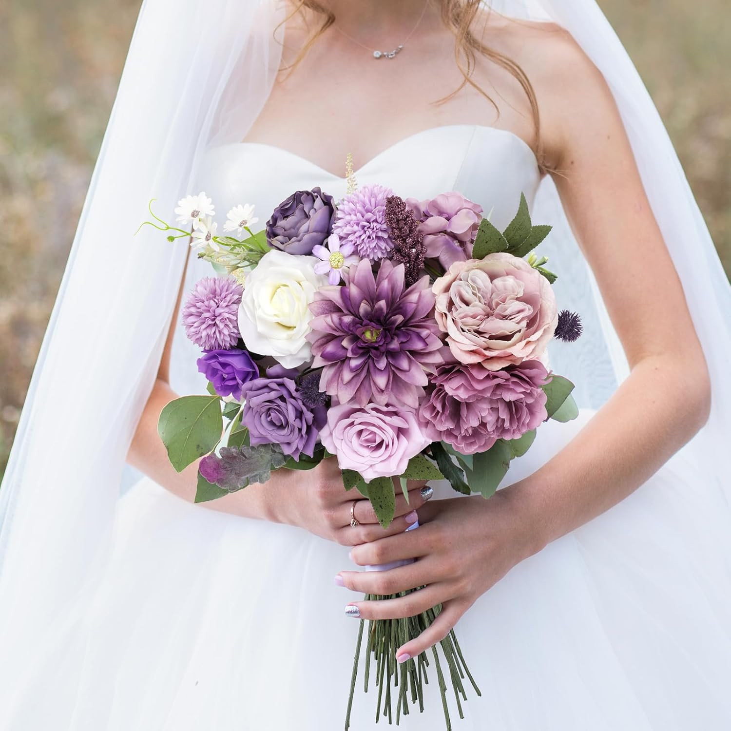 Artificial Purple Flowers Combo Silk Mix Peony Rose Hydrangea Fake Flowers W/Ste