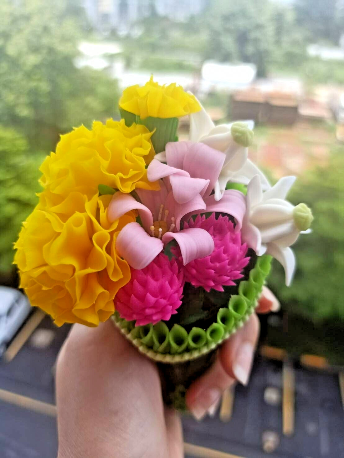 Handmade Artificial Banana Leaf Clay Floral Dollhouse Bouquet Flower Arrangement