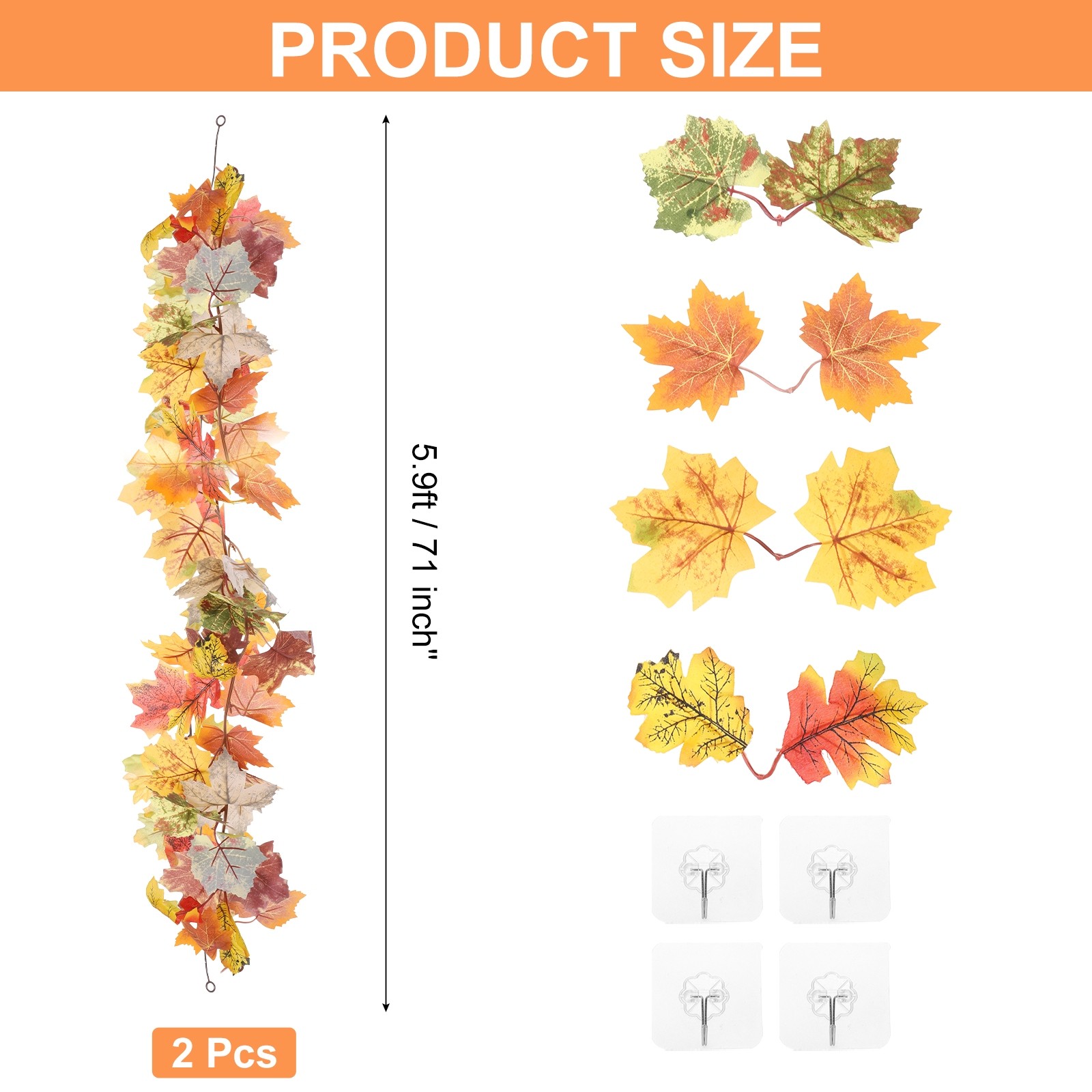 2Pcs Fall Maple Leaf Garland 5.9Ft Artificial Garland Decor Multicolor