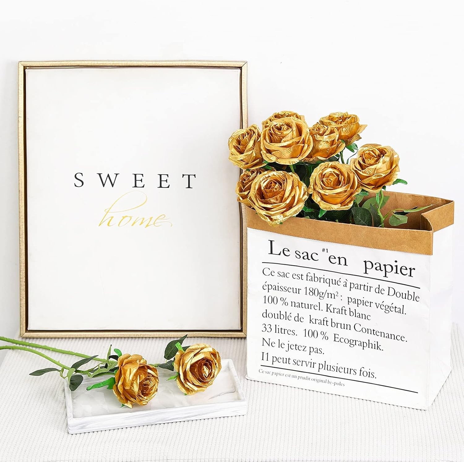 Lifelike Artificial Roses – 12pcs Long Stem Bouquet Gold