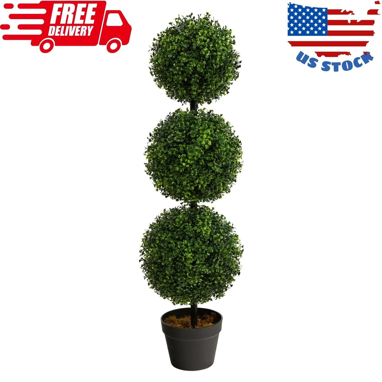 3’ Artificial Boxwood Triple Ball Topiary Tree – Lifelike Faux Greenery