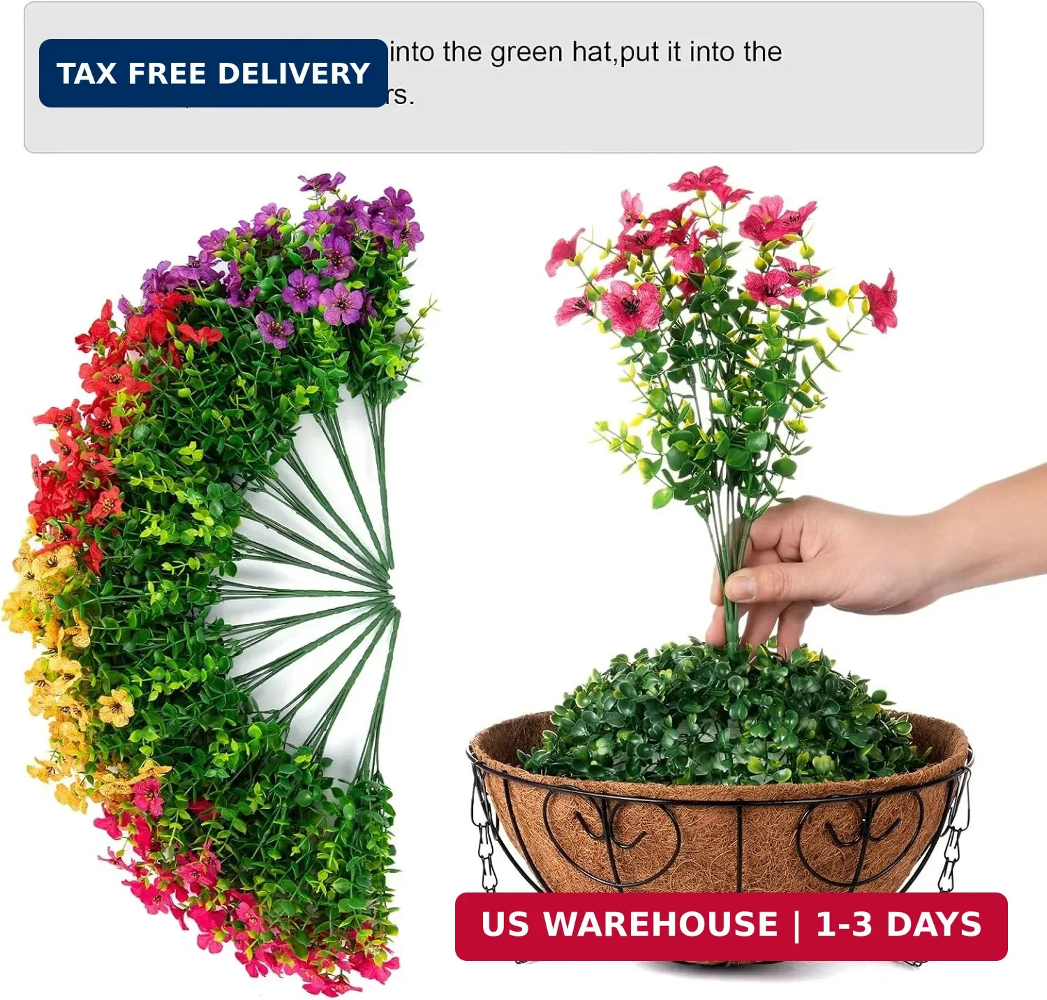 HyeFlora Artificial Faux Hanging Plants Flowers Basket for Summer Outdoor Outsid