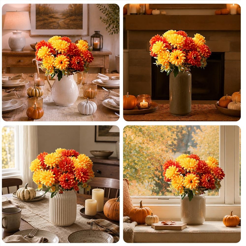 Artificial Fall Flowers for Outdoors Faux Mums Burnt Orange Yellow Marigold O…