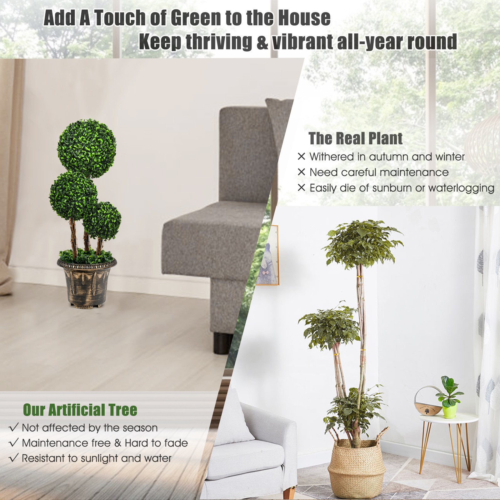 Costway 30” Artificial Topiary Triple Ball Tree Indoor Outdoor Decoration Green