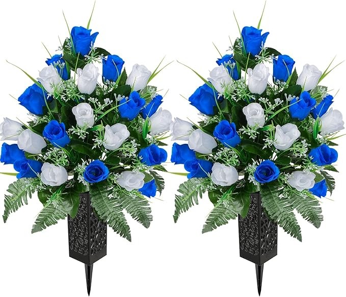 Artificial Cemetery Flowers for Grave,Artificial Rose Memorial Flowers with Vase