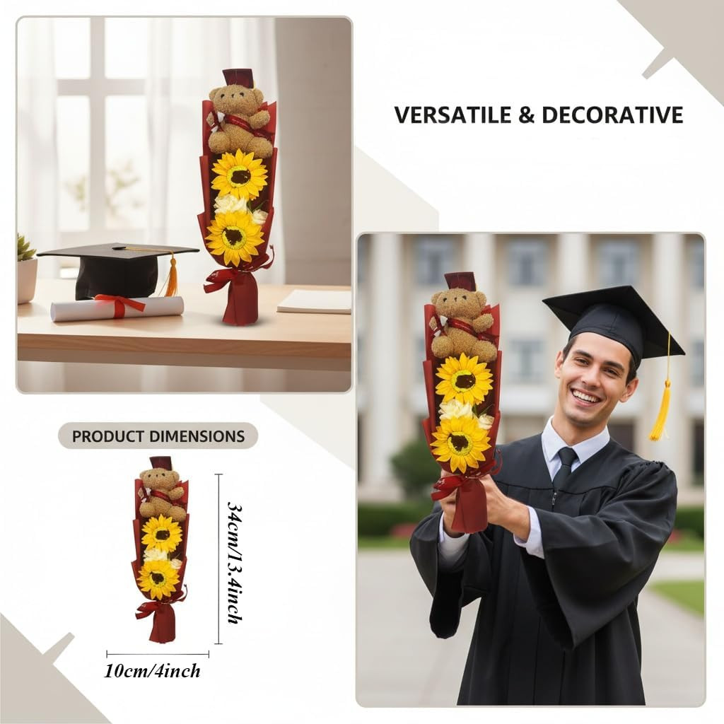 2026 13″ Graduation Bear Bouquet Rose Sunflower Scented Soap Flower Bouquet Mini