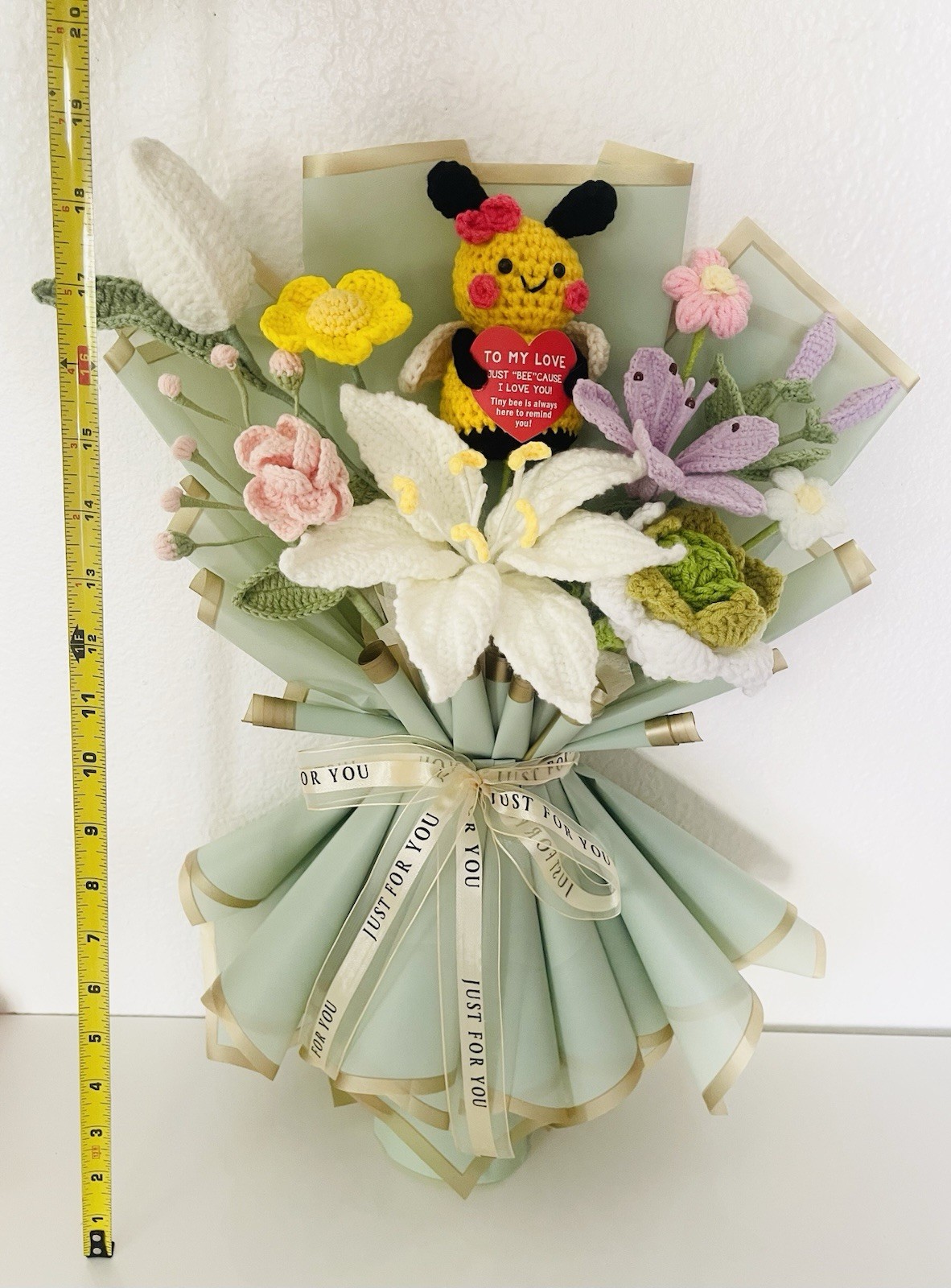 Artificial Crochet Lily Flower Bouquet Wall Decor w/ Plush Bee, 14×10 Multicolor