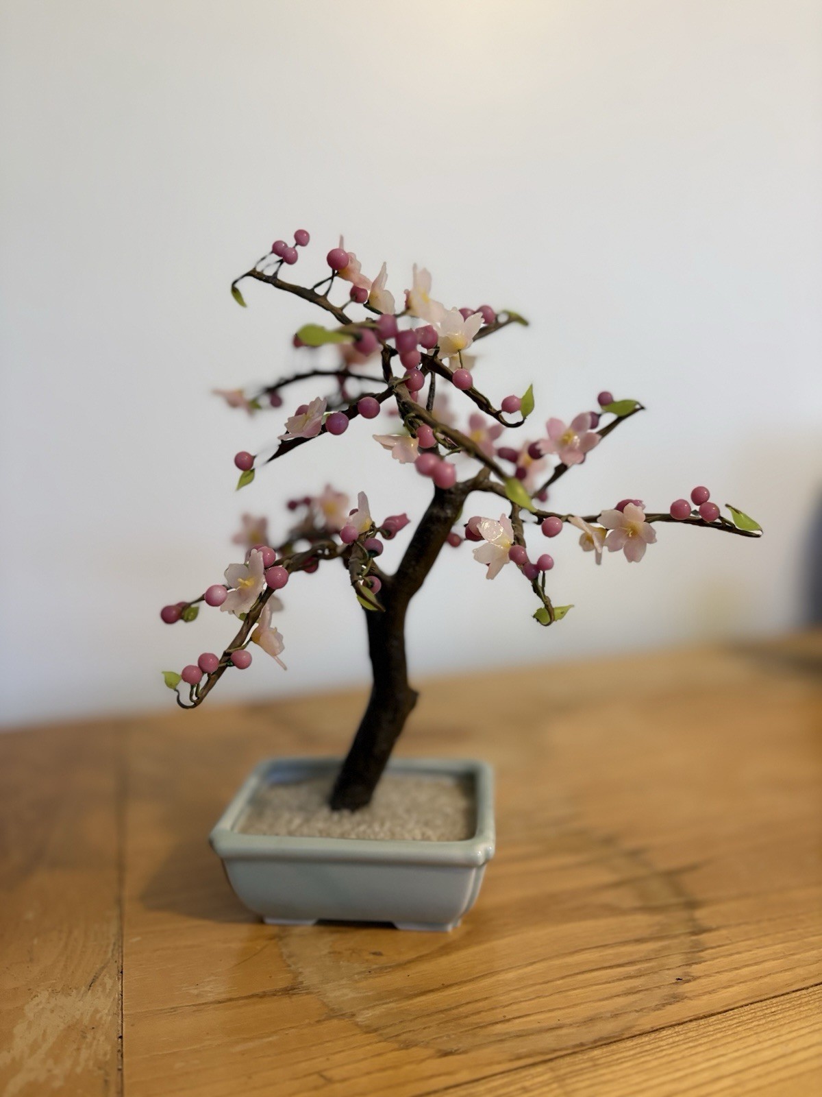 Vintage Cherry Blossom Bonsai Tree w/ Pink Blossoms & Berries Gray Planter