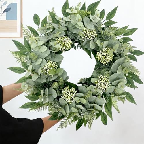 24 Inch Artificial Eucalyptus Fern Wreath, Lush All Year Round Greenery for