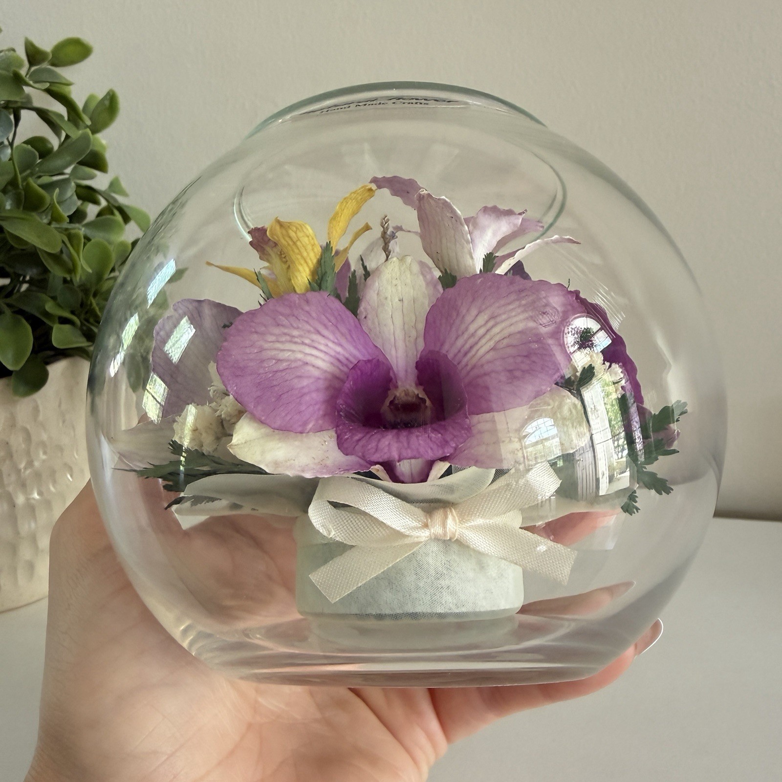 Real Preserved Flowers in Sealed Glass Bowl Floral Home Decor Purple Orchid