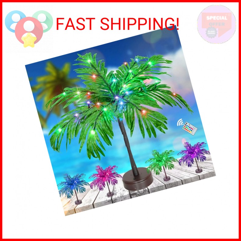 18 Color Changing Lighted Palm Tree Table Decor, 23 in Tropical Artificial Palm