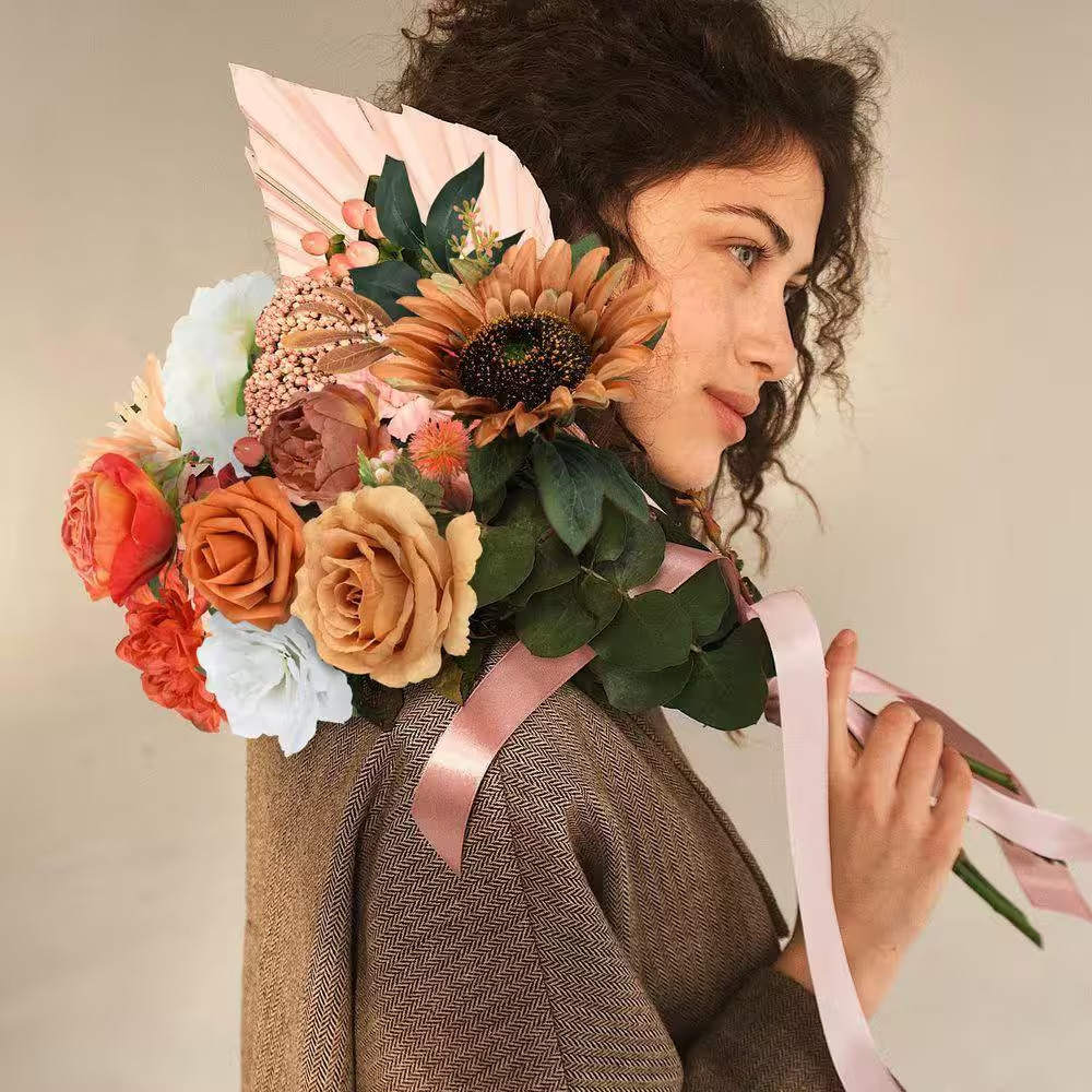 7.8 In. Orange Artificial Peonies, Roses, Dahlias, Daisies Flowers Combo Box