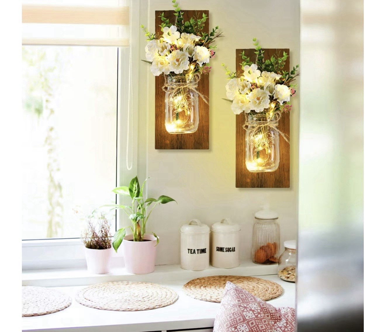 Rustic Mason Jar Wall Sconces with White Flowers Decorative Art Sconces NWT
