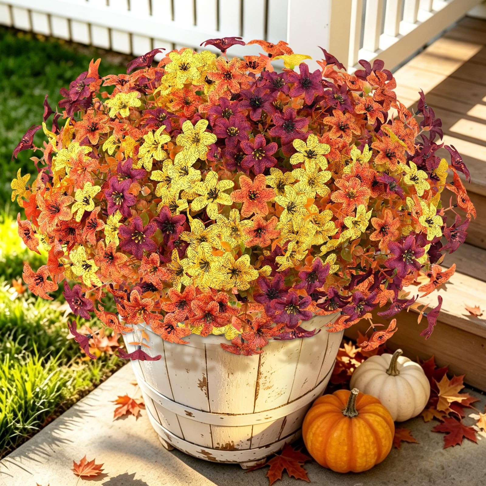 12 Bundles UV Resistant Artificial Mums Flowers – Fall Faux Daisy & Eucalyptus f