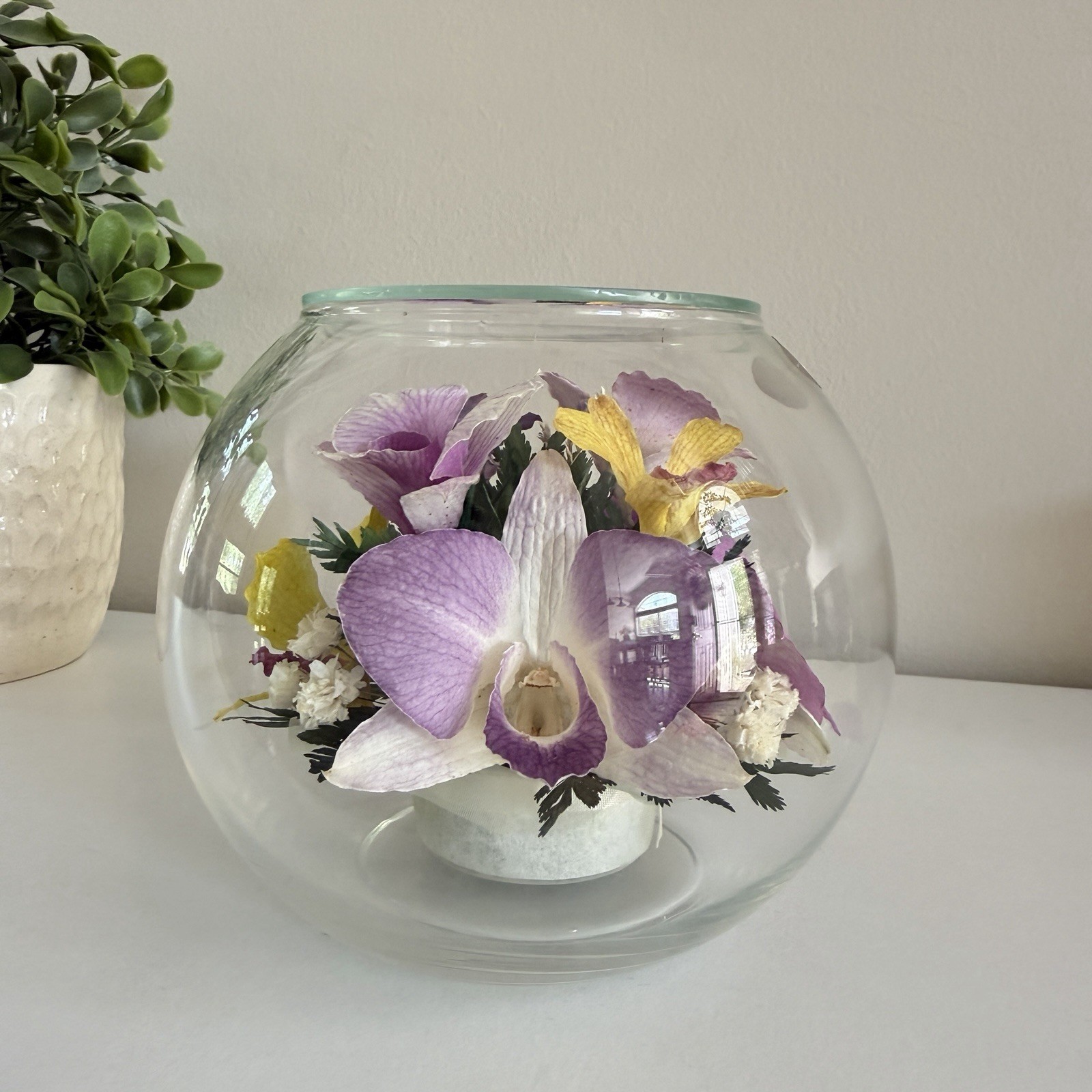 Real Preserved Flowers in Sealed Glass Bowl Floral Home Decor Purple Orchid