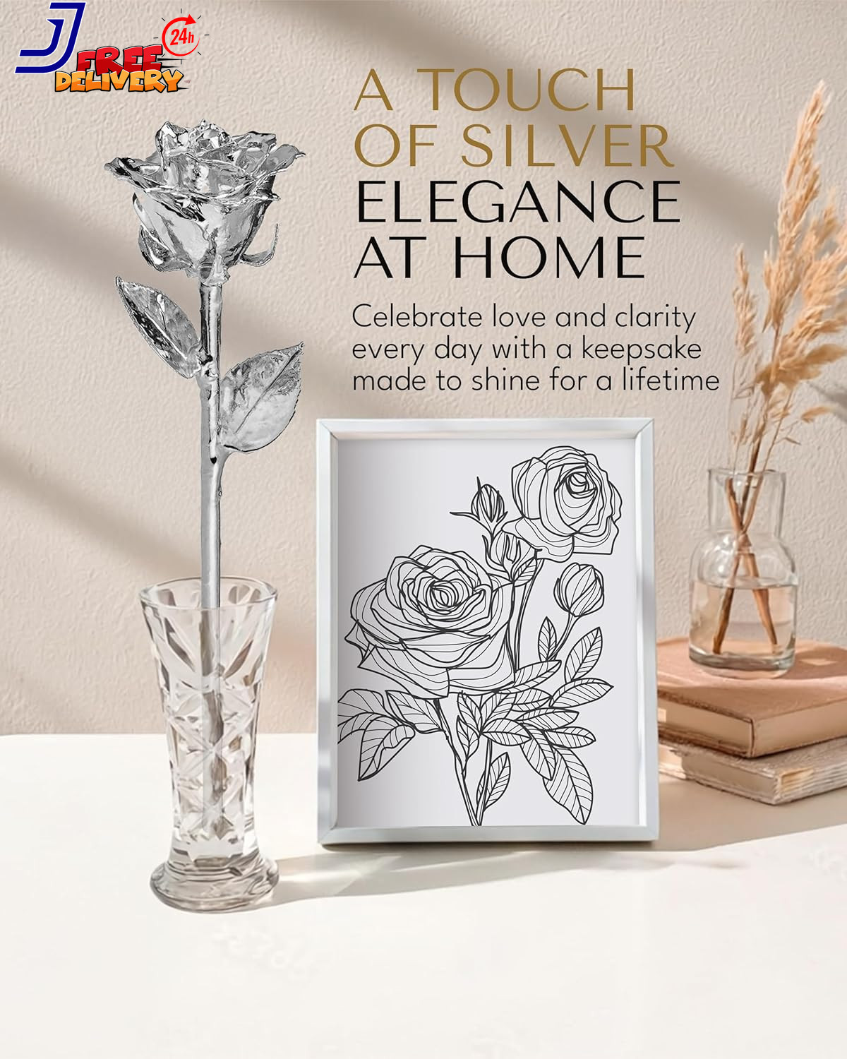 Real Rose Dipped in Silver Handcrafted Preserved Rose in Luxury Gold Gift Box Ro