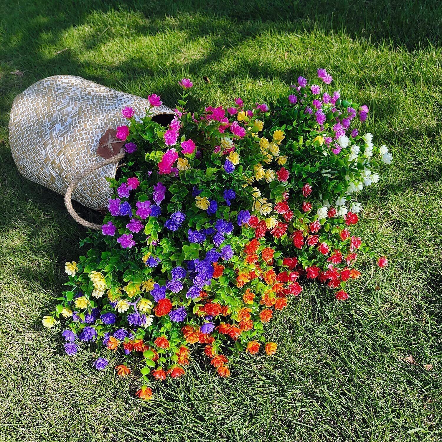 10 Bundles Faux Plastic Flowers UV Resistant Artificial Shrubs for Outdoor Decor