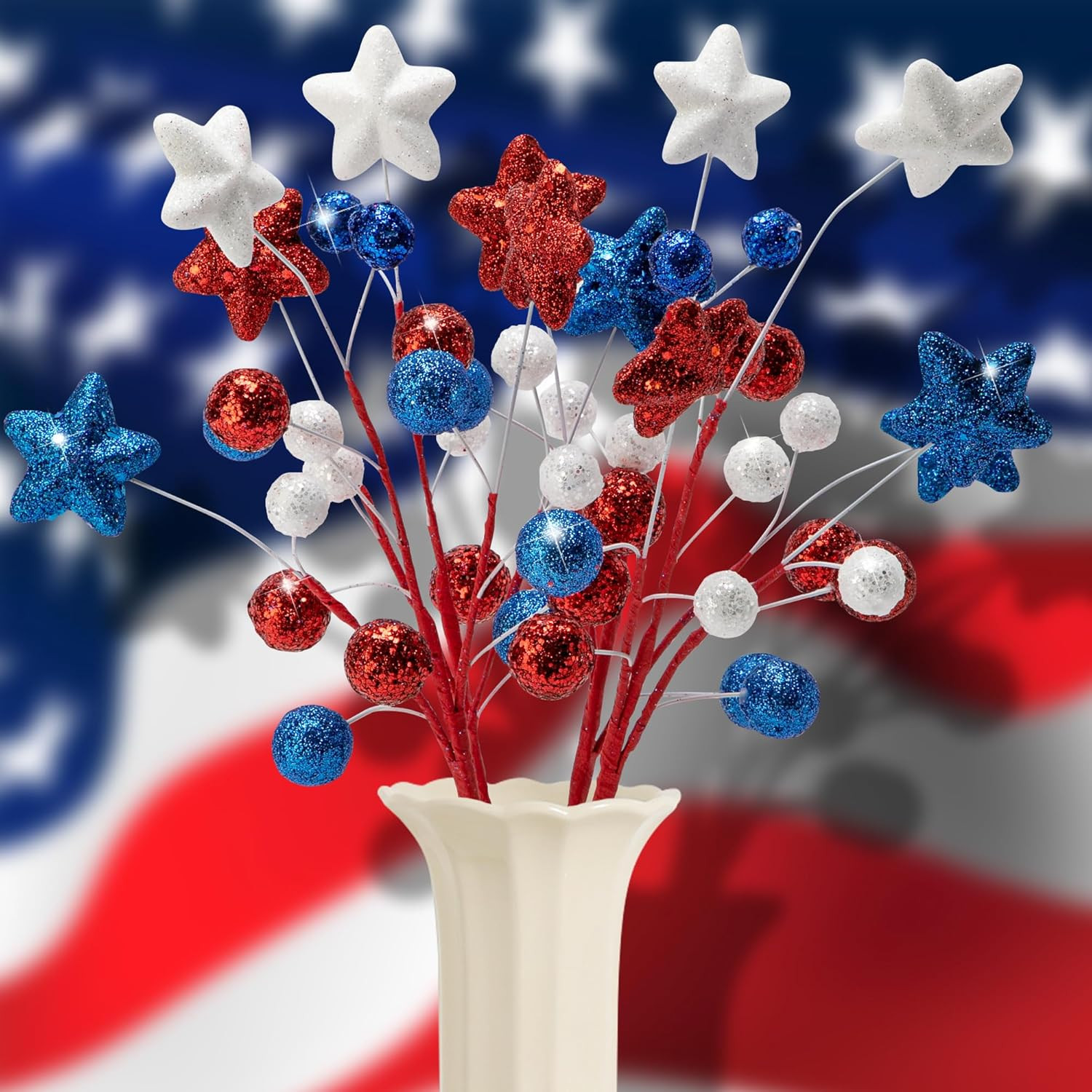 8 Pack 15″ Large Patriotic Glitter Ball Centerpiece Stems, Independence Day Arti