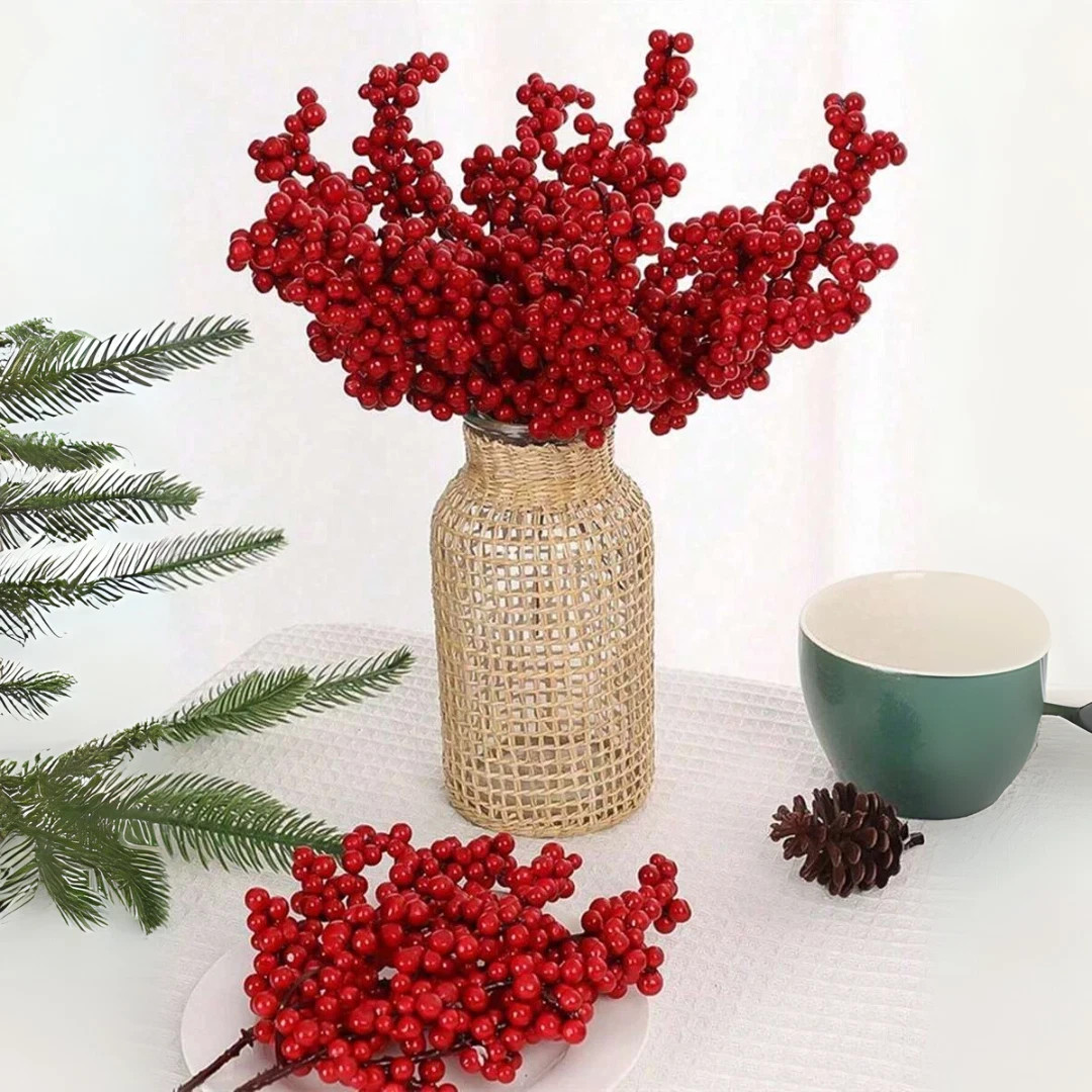 5pcs Artificial Red Berry Picks with Hawthorn Red Berries Branches Home Decor
