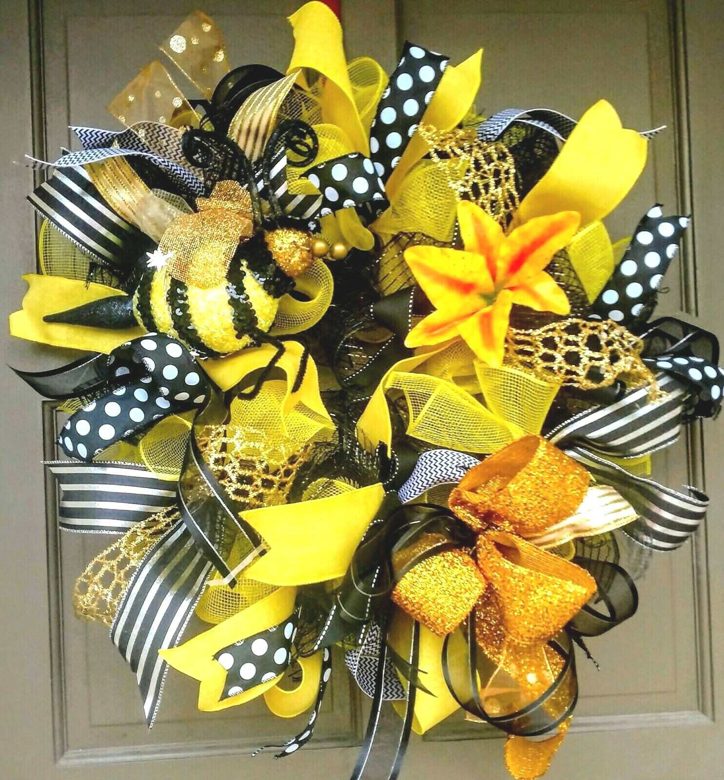 Spring Summer Bee Wreath Large Deco Mesh Floral Farmhouse Front Door Decor