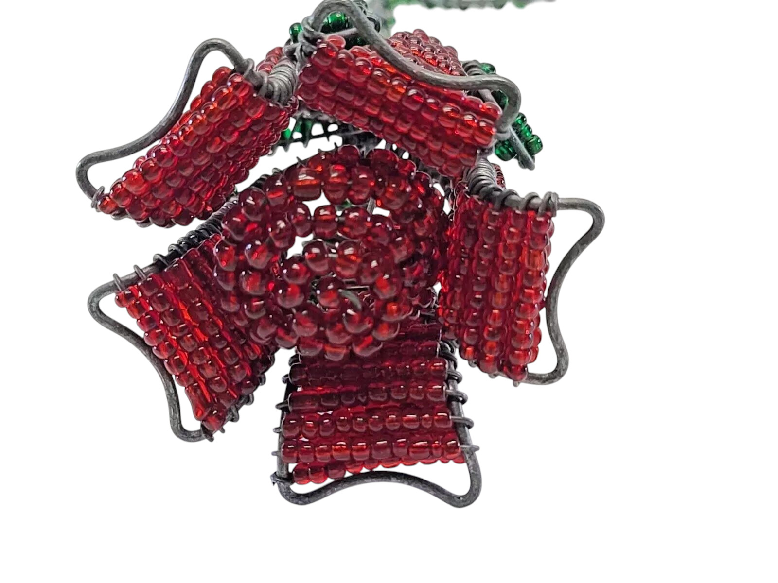 Red Rose Bud Vintage Glass Bead Long Stem Wire Folk Art Sculpture Beaded Flower