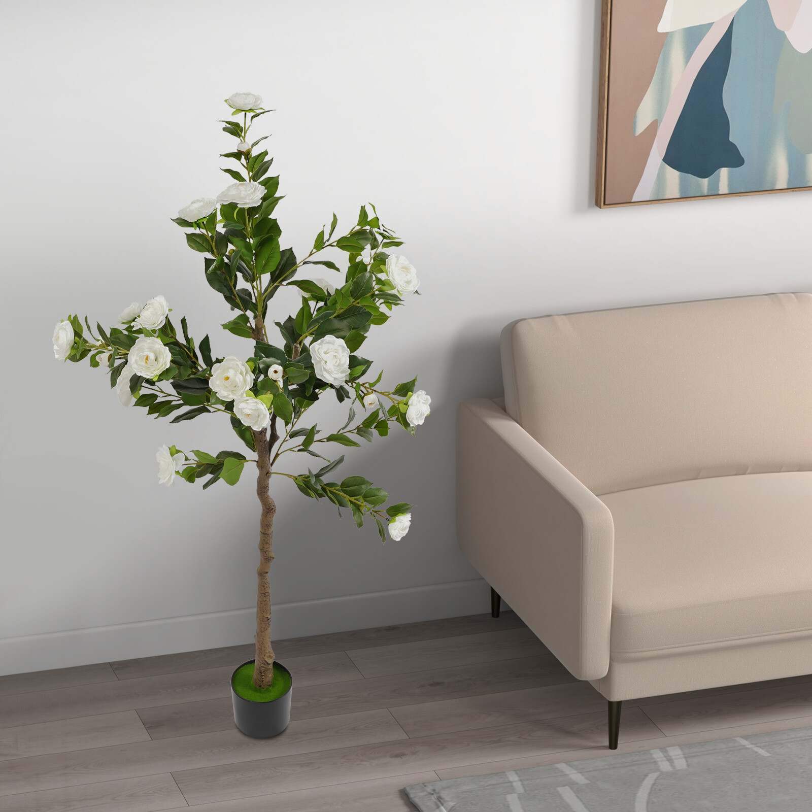 150CM Camellia Plant in Pot with White Flowers White Artificial Camellia Trees
